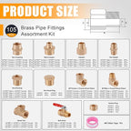105PCS Brass Pipe Fittings Assortment Kit NPT Adapter,Reducer Bushing, Hex Nipple, Reducing Hex Coupling,90 Degree Street Elbow,Street Tee,Ball Valve,Hex Head Plugs,Socket Plug Fittings Kits