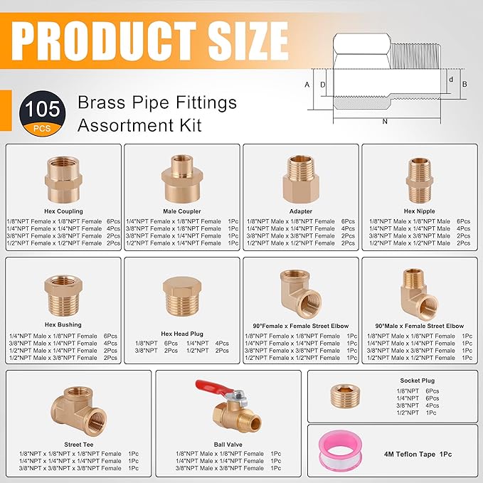 105PCS Brass Pipe Fittings Assortment Kit NPT Adapter,Reducer Bushing, Hex Nipple, Reducing Hex Coupling,90 Degree Street Elbow,Street Tee,Ball Valve,Hex Head Plugs,Socket Plug Fittings Kits
