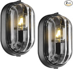 FEMILA 11" Oval Bulkhead Exterior Wall Sconce, 2 Pack Wall Light & Ceiling Flush Mount, Aluminum, Ripple Glass, Front Porch Light for Patio/Garage/Entry, 4FYX104FL-2 BK SW