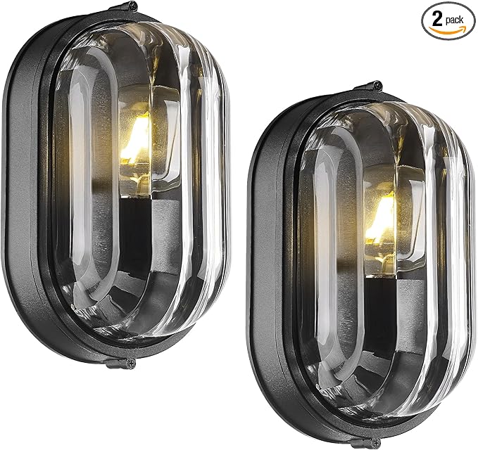 FEMILA 11" Oval Bulkhead Exterior Wall Sconce, 2 Pack Wall Light & Ceiling Flush Mount, Aluminum, Ripple Glass, Front Porch Light for Patio/Garage/Entry, 4FYX104FL-2 BK SW