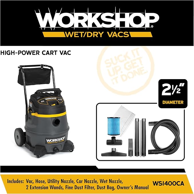 WORKSHOP Wet/Dry Vacs Shop Vacuum WS1400CA 14-Gallon 6.0 Peak HP High Power Wet Dry Vacuum Cleaner with Filter, Dust Bag, Hose, Attachments and Cart for Garage, Basement and Workshop Cleaning
