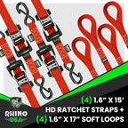 Rhino USA Ratchet Straps Heavy Duty Kit (4-Pack) - 1.6 Inch x 15 Feet (5,208lb Break Strength) - Ultimate Tie Down Straps with Safety S Hooks for Trucks, ATV, UTV, Motorcycle, Cargo & More - Red