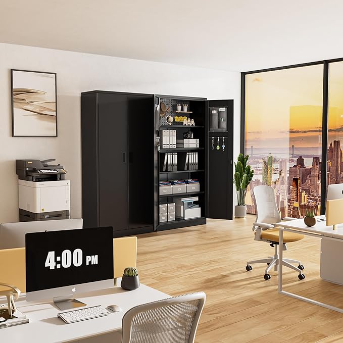 Greenvelly Metal Garage Storage Cabinet with with Pegboard,Black Tool Steel Cabinet with Doors and Adjustable Shelves, Tall Lockabke Garage Cabinet for Home Office, Garage, School,Pantry(36x18)