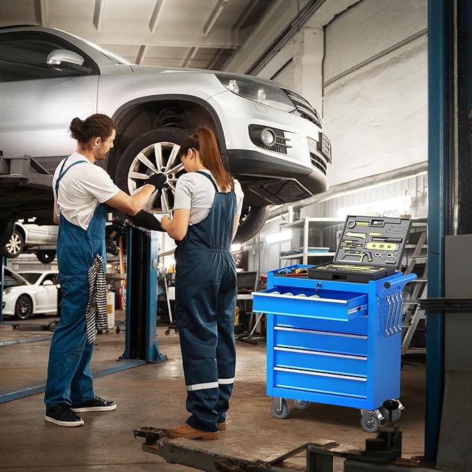 5-Drawer Rolling Tool Chest Toolbox, Rolling Tool Box with Wheels, Tool Chest with Keyed Locking System and Drawer Liners, Tool Box Organizer for Garage, Warehouse, Workshop(Blue)