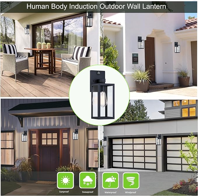 GRUENLICH Dusk to Dawn Large Outdoor Wall Lantern, PIR Motion Sensor Wall Sconce, E26 Base Max 60W, Metal Housing Plus Glass, Matte Black Finish, Bulb Not Included, 1-Pack