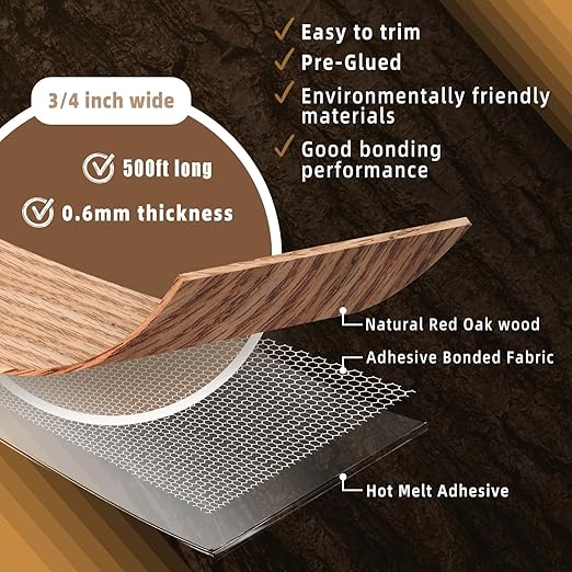 GSCIT Club Red Oak Edge Banding, 3/4 inch x 500ft roll of Veneer Edge Banding Pre-glued Flexible, Wood Tape Banding for Cabinet Repair Furniture