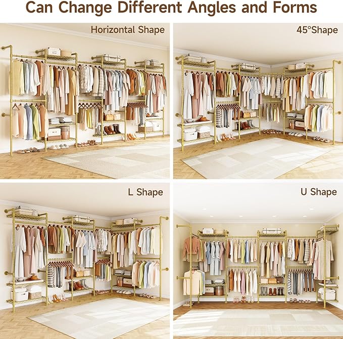 H6 Wall Mounted Closet System, Industrial Pipe Clothes Rack Clothing Racks with 6 Telescopic Rods & 3 Fixing Rods & 9 Shelves, Heavy Duty Closet Organizers and Storage in Wardrobe Closet (Gold)