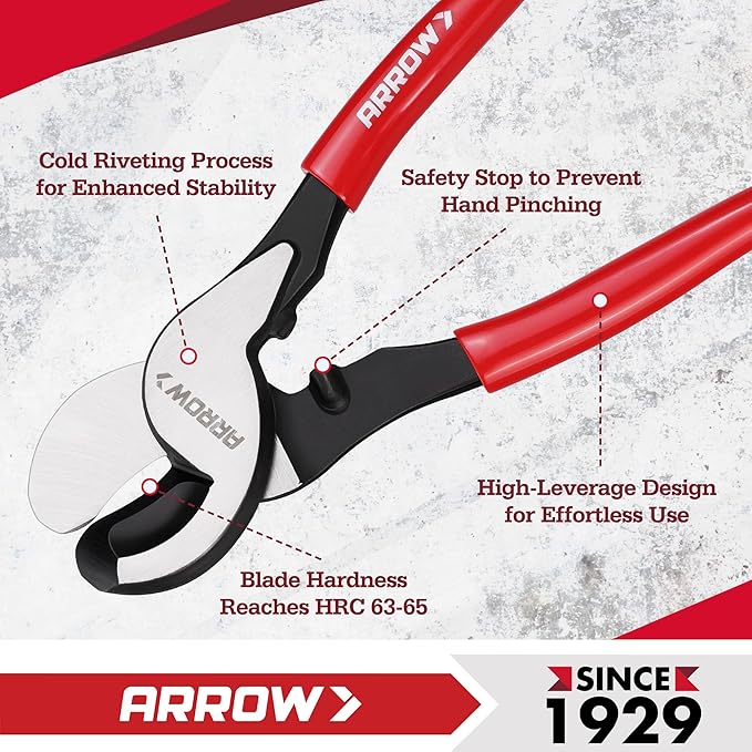 ARROW 9.5” Cable Cutter High Leverage, Wire Cutters Heavy Duty with Thick Dip-Grip Handle, CR-V Steel, Cutter Tool for 4/0 Aluminum, 2/0 Soft Wire, and 100PR 24AWG Communications Cable