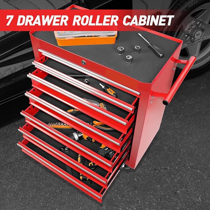 7 Drawers Rolling Tool Cart on Wheels, Multifunctional Metal Tool Storage Cabinet, Lock Tool Trolley Organizer Drawers Tool Box Tool Chest for Garage, Warehouse, Workshop, Repair Shop (RED)