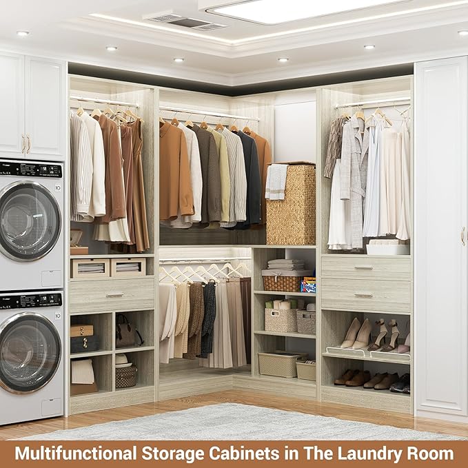 Unikito 86" Corner Closet System, Modular Closets Organizer with 4 Hanging Rods and Storage Shelves, Freestanding Wood Clothes Garment Rack with Drawers, Sturdy Walk in Closet Tower, White Oak