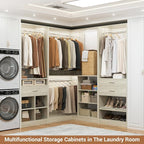 Unikito 86" Corner Closet System, Modular Closets Organizer with 4 Hanging Rods and Storage Shelves, Freestanding Wood Clothes Garment Rack with Drawers, Sturdy Walk in Closet Tower, White Oak