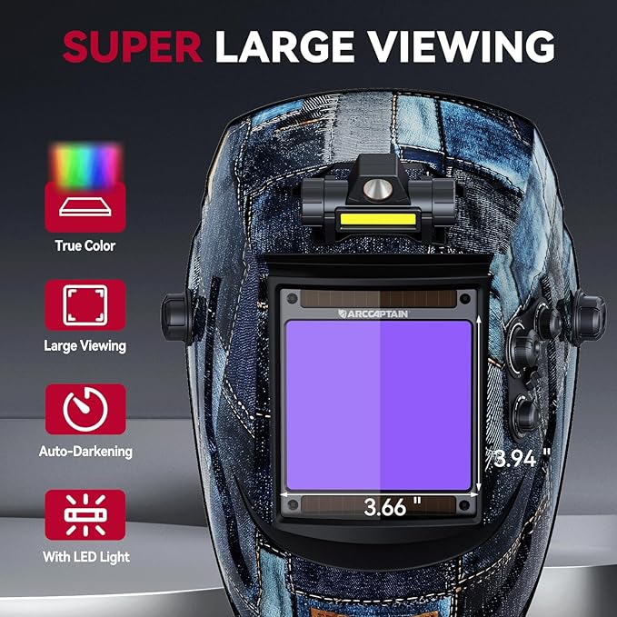 ARCCAPTAIN Large View 3.94" x 3.66" True Color Auto Darkening Welding Helmet with Light, Solar Powered Welding Hood, 4 Arc Sensor Wide Shade 4/5-9/9-13 for Stick MIG TIG Cut,Denim