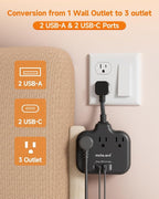 Short Extension Cord 2 inch, Short Cord Power Strip with 3 Outlets 4 USB(2 USB-C) 17W, Flat Outlet Extender, Non-Blocking, Non-Surge Protection for Cruise Travel Dorm Kitchen Bathroom, Black