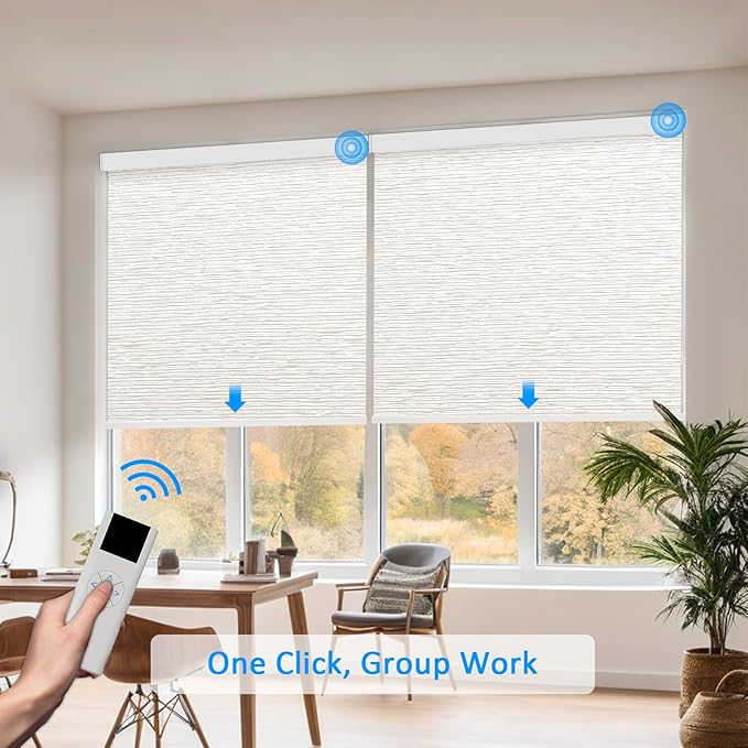 Motorized Blinds with Remote Cordless Automatic Motorized Shades Custom Blinds for Windows Smart Curtains Compatible with Alexa Google Home(Light Filtering Jacquard Beige,W61 x H72in)