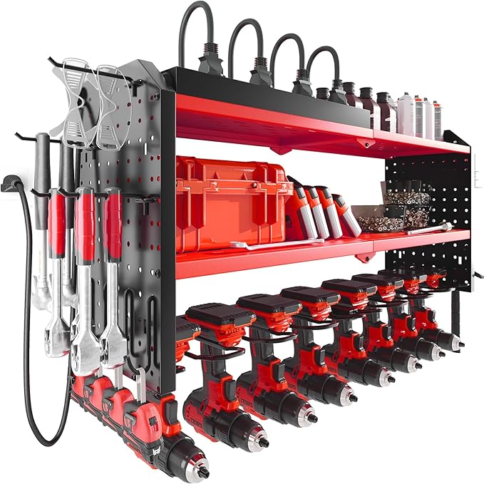 Warome Garage Power Tool Organizer with 8-Outlet Power Strip, Tool Storage Rack Wall Mount with 8 Cordless Drill Holders, Tool Organization Shelf with Charging Station in Red