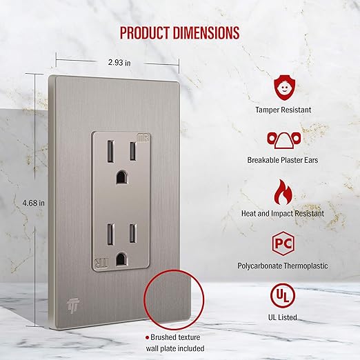 ENERLITES Elite Series Decorator Receptacle Outlet Child Safe Tamper-Resistant, Self-Grounding, Residential Grade, 15A 125V, UL Listed, Brushed Wall Plate Included, 61501-TR-NKWBP, Nickel