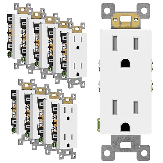 ENERLITES Matte White Decorator Receptacle, Standard Electrical Wall Outlet, 15A 125V, Self-Grounding, 2-Pole, 3-Wire, 5-15R, UL Listed, 61502-TR-MW, 10 Pack, Tamper Resistant