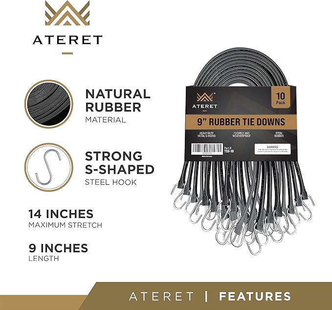 ATERET Rubber Bungee Cords with Hooks I 9 Inch, 14" Max Stretch I Heavy-Duty Black Tie Down Straps for Outdoor, Tarp Covers, Canvas Canopies, Motorcycle, and Cargo, Pack of 10