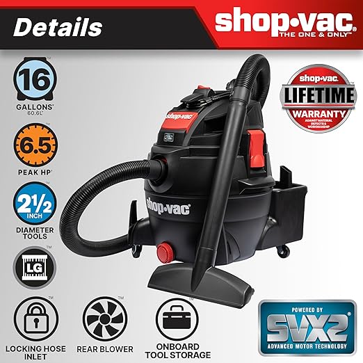 Shop-Vac 5801611 Wet Dry Vac with SVX2 Motor Technology, 16 Gallon, 2-1/2 Inch x 8 Foot Lock-On Hose, 150 CFM, (1-Pack) , Black