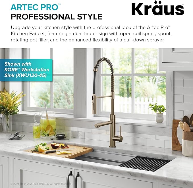 KRAUS Artec Pro Commercial Style Pull-Down Single Handle Kitchen Faucet with Pot Filler in Spot Free Antique Champagne Bronze, KPF-1604SFACB