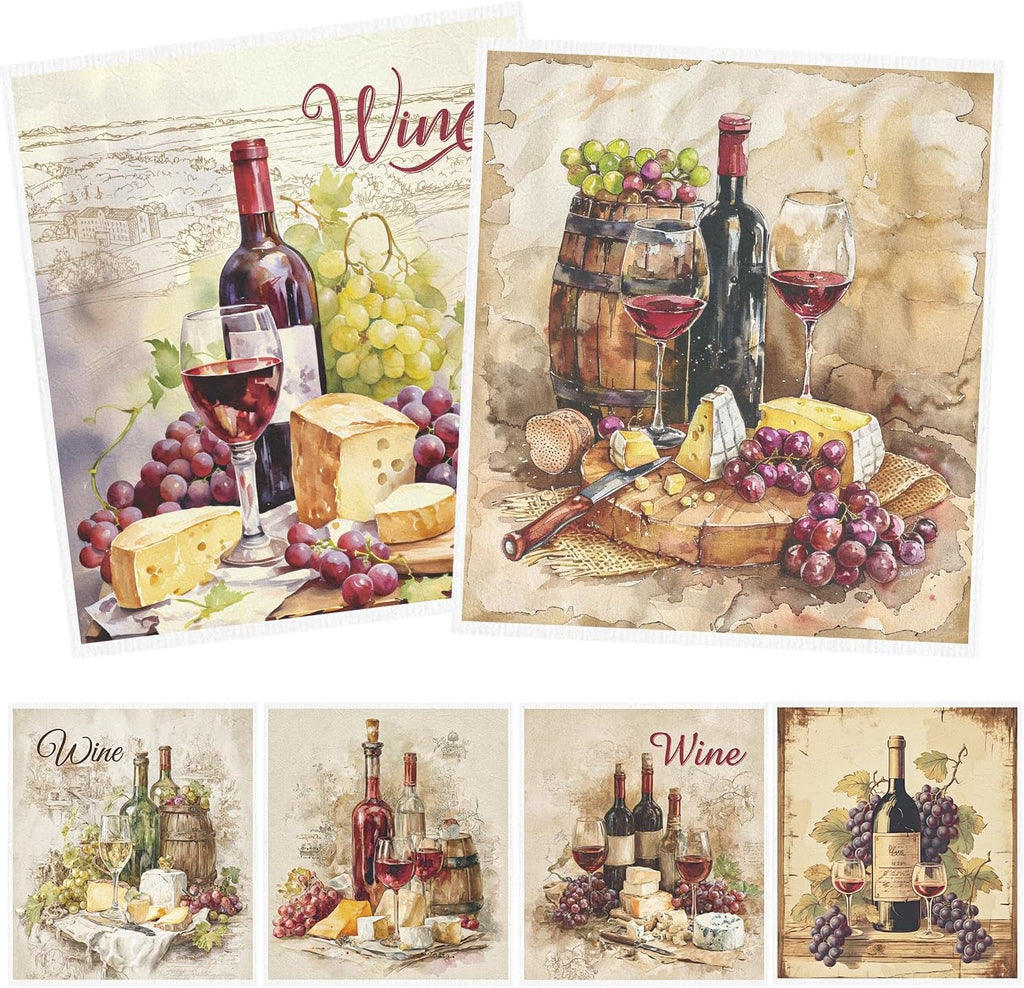 Swedish Dishcloths for Kitchen, 6PCS Wine Swedish Dish Cloths Gift Set, Vintage Reusable Washable Absorbent Dish Towel for Home Cleaning(7.8 X 7 Inches)