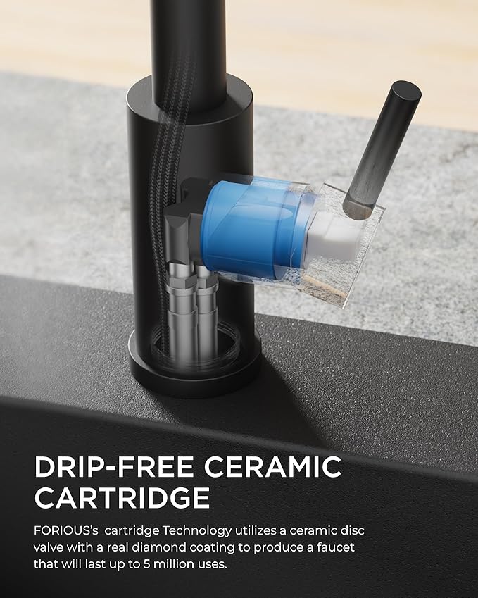 FORIOUS Black Kitchen Faucet with Soap Dispenser, Single Handle Stainless Steel Spring Sink Faucet with Pull Down Sprayer Transitional for Pot Filler, Farmhouse Camper Bar Laundry Room