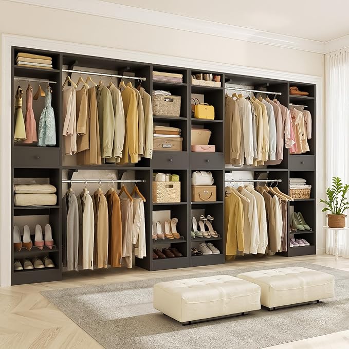 Unikito 10-15FT Closet Systems, Large Wood Walk in Closet Organizer with Hanging Rods and Drawers, Heavy Duty Closets Wardrobe with Shoe Rack, Sturdy Reversible Clothes Closet Kit, Black, Set of 2