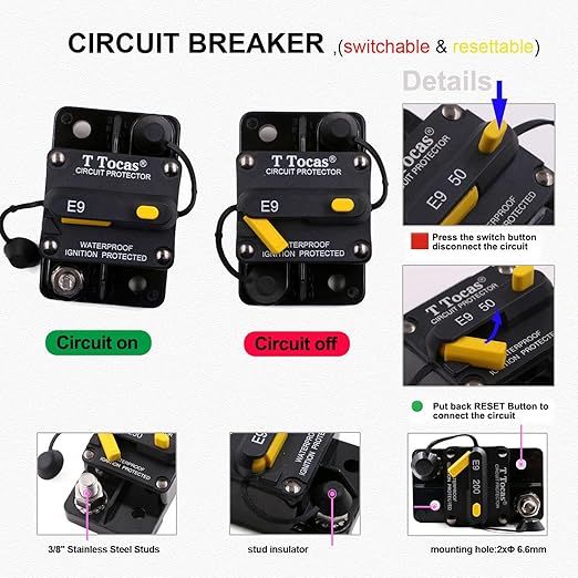 E9 3/8" Studs 300 Amp Circuit Breaker with Manual Reset | UL Certified | 12V - 48V DC | Waterproof IP67 Switchable 300A