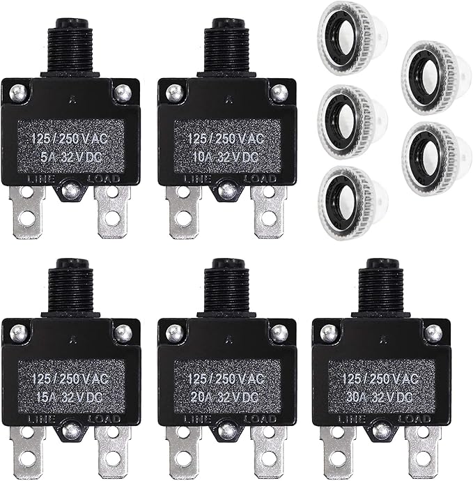 5PCS 5,10,15,20,30Amp Circuit Breakers with Manual Reset 32VDC,AC125-250V with Quick Connect Terminals