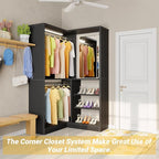 Unikito Corner Closet System, 36” Large Freestanding Closet Organizer Tower with 2 Hanging Rods and Storage Shelves, Sturdy Walk in Closet Kit for Bedroom and Entryway, 36" W x 36" D x 80" H, Black