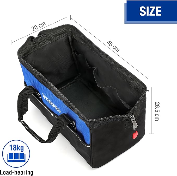 WORKPRO 18-inch Close Top Wide Mouth Storage Tool Bag with Adjustable Shoulder Strap, Sturdy Bottom