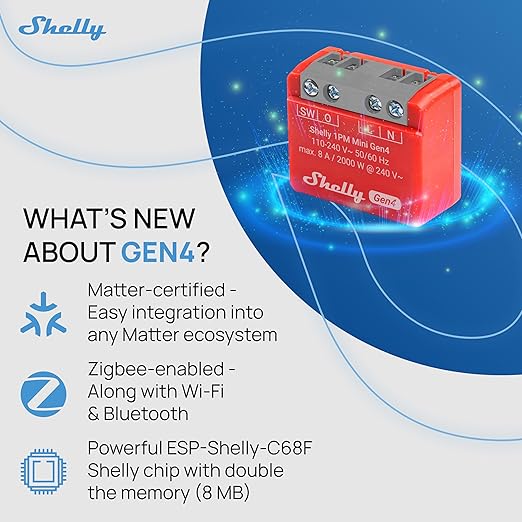 Shelly 1PM Mini Gen4 | Wi-Fi, Zigbee, Matter Smart Relay Switch with Power Metering, 1-Channel 8A | Home Automation | Alexa, SmartThings, Google Home, Apple HomeKit Compatible | iOS Android App