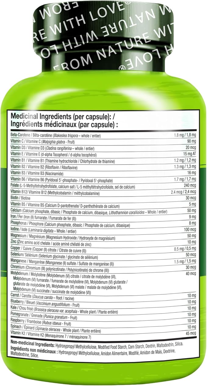 NATURELO One Daily Multivitamin for Women - Energy Support - Whole Food Supplement to Nourish Hair, Skin, Nails - Non-GMO - No Soy - Gluten Free - 120 Capsules - 4 Month Supply