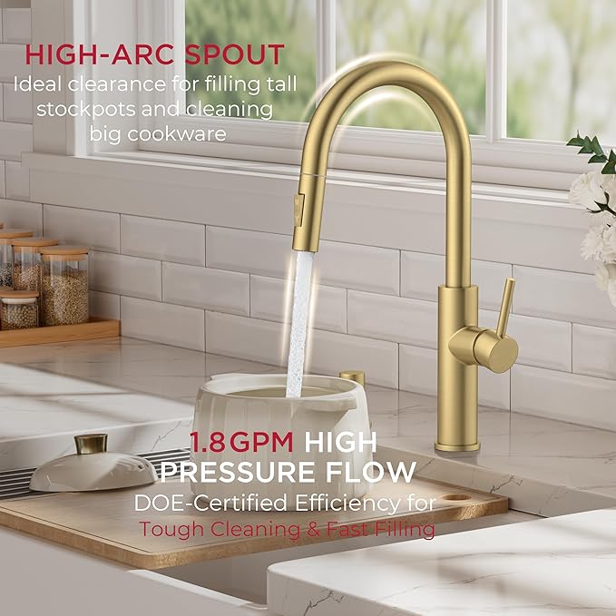 FORIOUS Kitchen Faucet with Pull Down Sprayer, Classic Brushed Gold, Single Handle High Arc Stainless Steel Kitchen Sink Faucet, 1 or 3 Hole Deck Mount for RV, Bar, Farmhouse, Laundry, Outdoor
