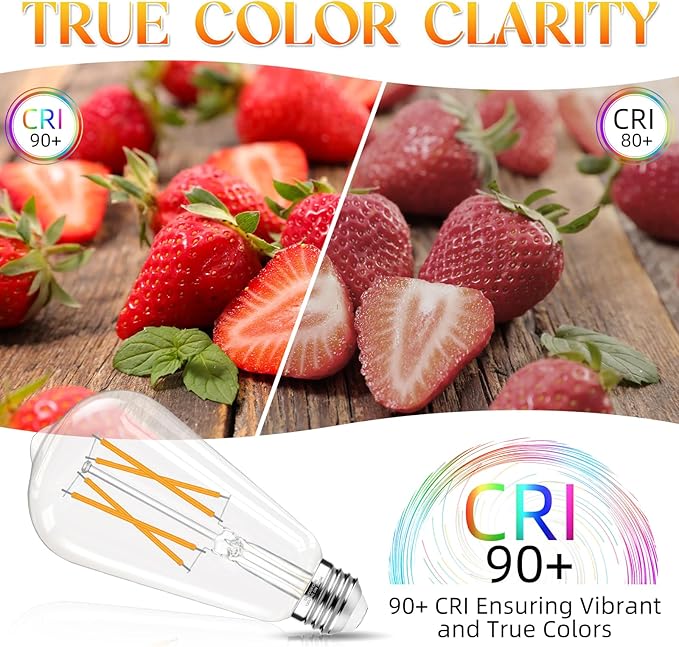 Edison Bulbs 60 watt LED Equivalent, Vintage Light Bulbs Non-Dimmable, 2700K Warm White, ST58 E26 LED Bulb, 90+ CRI, 6W 600LM, E26 Medium Base, Clear Glass, 12 Pack