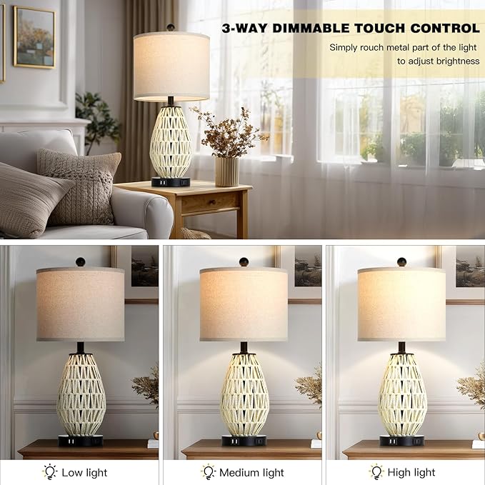 White Rattan Table Lamps Set of 2, 3 Way Dimmable Touch Control Bedside Lamp for Nightstand with 2 USB Ports and AC Outlet, Woven Wicker Bedroom Lamp, Boho Farmhouse Lamps for Living Room End Table