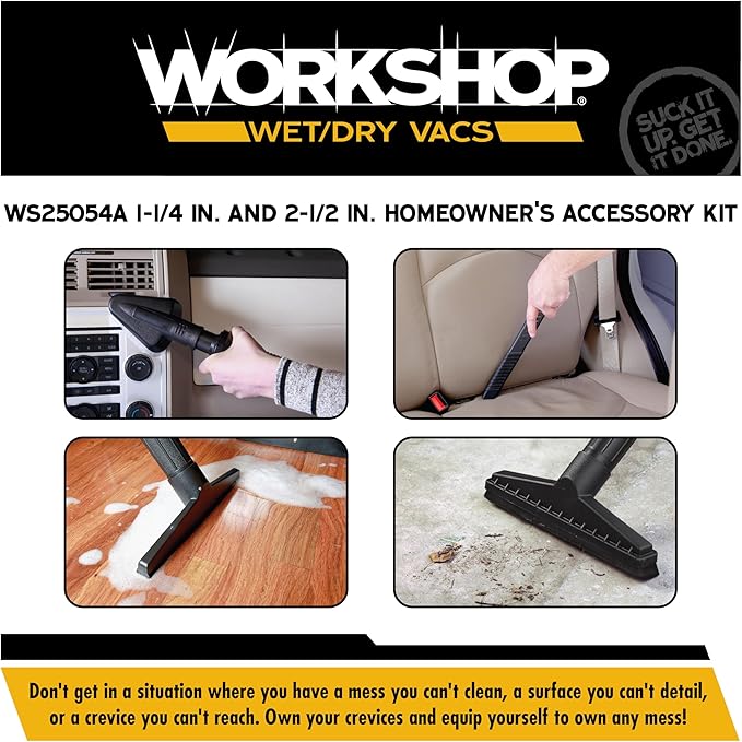 WORKSHOP Wet/Dry Vacs Vacuum Accessories WS25054A Homeowner DIY Kit for Wet Dry Vacuum Cleaners, 1-1/4-inch and 2-1/2-inch Shop Vacuum Attachments with 2-1/2-inch Hose Adapter, for General Cleaning