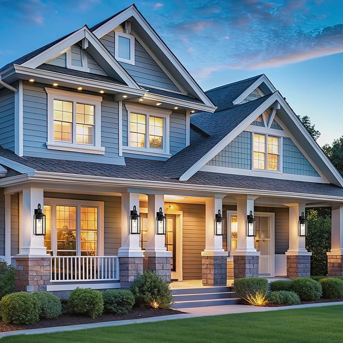 19" Large Outdoor Wall Lights 2 Pack, Black Exterior Light Fixtures, Outdoor Sconces Wall Lighting Porch Lights, Waterproof Wall Lamp for House, Doorway, Garage, Black Metal with Gold Trim