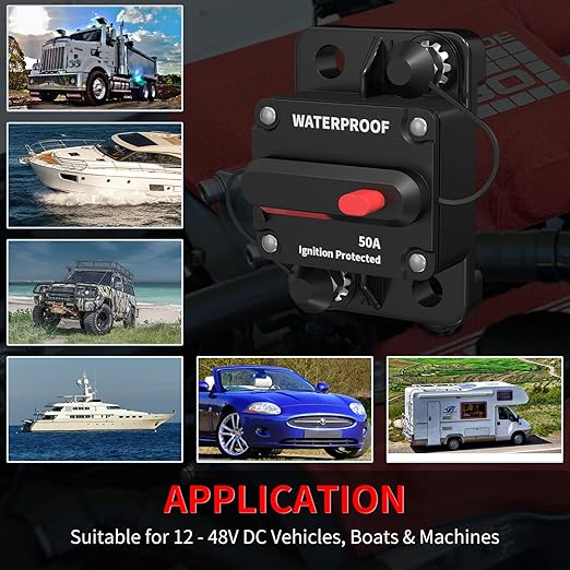 DaierTek 50 Amp Circuit Breaker, Waterproof Marine Circuit Breaker 12V 24V 48V Resettable Inline Fuse Switch, 12 Volt 50A Breaker for Boat Trolling Motor Car Automotive -2Pack