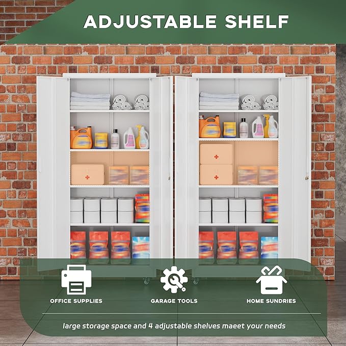 Greenvelly White Metal Storage Cabinet with Wheels, 73" Steel Garage Rolling Cabinet with Doors and 4 Shelves, Tall Locking Cabinets Tool Lockable Storage Cabinets for Basement, Pantry, Home Office