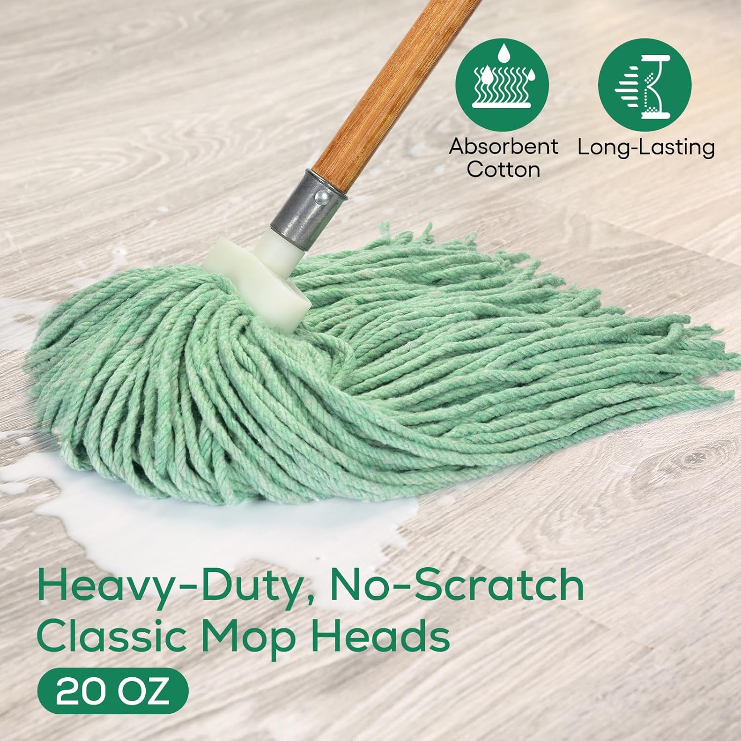 Matthew Cleaning Screw-on Heavy Duty Cotton Wet Mop Replacement Heads(Green, Medium,3Pack) with 2 Pack Microfiber Cloth for Residential & Commercial Floor Cleaning Use- Fit Standard American Screw