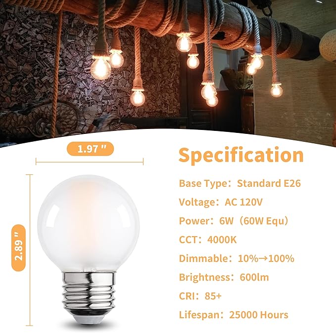 Frosted G16.5 Led Bulb, Matt Vanity Globe Light Bulbs, E26 Dimmable Globe Small Round Edison Light Bulbs, 6w 4000k Vintage LED Filament Edison Bulb