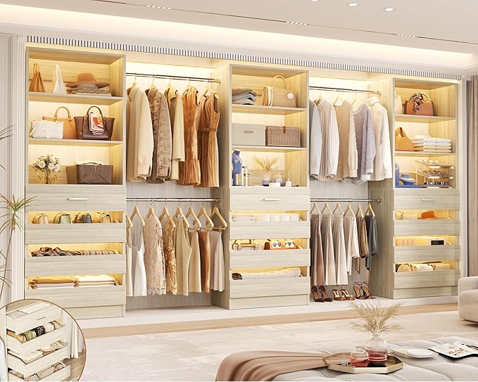 Aheaplus Closet System with 12 Drawers, 8.5-11.5Ft Wood Closet Organizer System with 4 Hang Rods & 3 Towers, 4Ft & 6Ft L-Shaped Walk-in Closets Wardrobe Organizer Clothes Rack, Set of 3, White Oak1