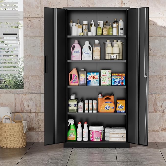 Greenvelly Metal Garage Storage Cabinet, 72” Locking Black Tool Steel Cabinet with Doors and 4 Shelves, Tall Metal Cabinets with Garage Storage Systems for Home Office, Kitchen/Pantry