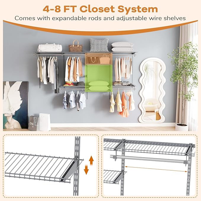 Giantex Closet Organizer System, Wall-mounted Custom Closet Kit w/Adjustable Storage Shelves, Wardrobe Clothes Rack w/Hanging Rods, Perfect for Coats, Pillows, Blanket (Gray, 98.5"x13.5"x48)