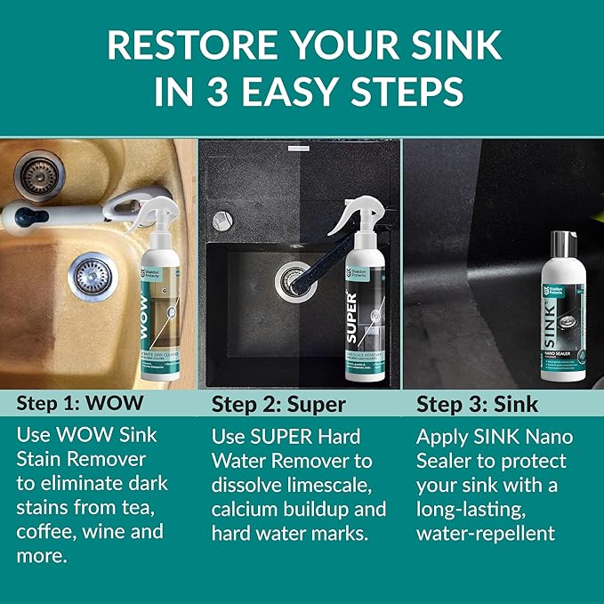 Shieldon Protects Sink Restorer Kit – 3-Step System: Heavy Duty Kitchen Sink Cleaner, Hard Water Stain Remover & Nano Sealer Protector for Granite Composite, Quartz, Porcelain & Ceramic Kitchen Sinks