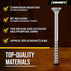 #10 x 3’’ Stainless Steel Wood Screws by Grindy (200pack/3.3LBS) – Self-Drilling Deck Screws I Rust Resistant I Quick Drive & Fast Grip I for Cabinet, Furniture & Other Projects I Bit Included