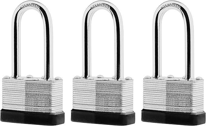 3-Pack Keyed Alike Laminated Steel Padlocks Keys, 1-3/4" Wide, Heavy Duty Long Pad Lock Set with Same Keys
