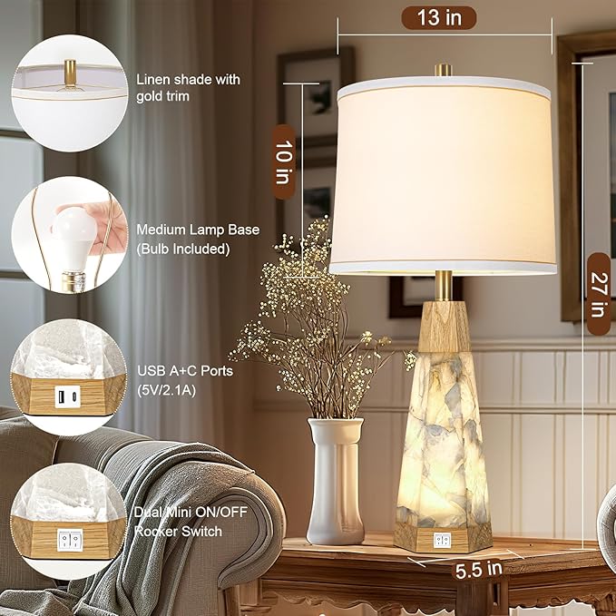 27" Natural Alabaster And Real Wood Table Lamp Set of 2 With Night Light Nightstand Lamps With USB Ports White Linen Fabric Shade Bedside Lamp Decor For Living Room Bedroom Home Office Hotel Bar House