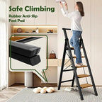 Taranta 5 Step Ladder, Portable Folding Ladder with Wide Pedal, Lightweight Aluminum Step Stool with Convenient Handgrip, 330 lbs Capacity Stepladder for Home, Office - BlackWoodgrain